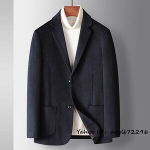 特売新品 メンズ ブレザー ウール スプリングコート 高級 テーラードジャケット 無地スーツ 紳士 アウター スリム 四色選択 ネイビー XL