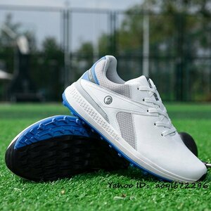 メンズ 新品 スニーカー スパイクレス ゴルフシューズ 運動靴 スポーツシューズ 高級品 幅広い フィット感 撥水 耐磨 通気性 白/青 25.5cm