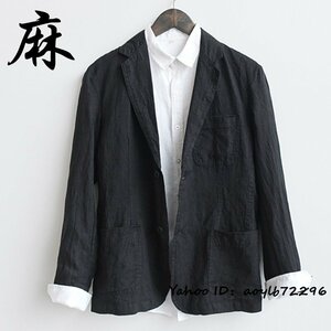 最高級◆新品 テーラードジャケット リネンジャケット メンズ 麻100% ブレザー スーツ 無地 アウター デザイナーズ 紳士服 ブラック XL
