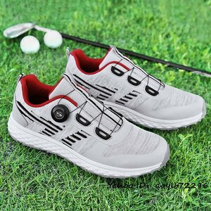 高級品 メンズ ゴルフシューズ ダイヤル式 運動靴 4E 幅広い Golf shoes スポーツシューズ フィット感 軽量 防滑 弾力性 グレー 27.5cm