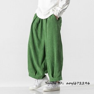 新品 サルエルパンツ メンズ コーデュロイ ロングパンツ ゆったり ワイドパンツ テーパード ペインターパンツ イージーパンツ グリーン 2XL