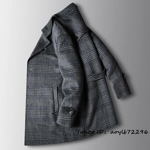 超美品*メンズコート チェック柄 ロングコート 紳士服 ビジネスコート 厚手ウール カシミヤコート チェスターコート アウター グレー XL