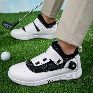 最高級★ゴルフシューズ 運動靴 メンズ 4E 幅広 スニーカー スポーツシューズ ダイヤル式 フィット感 新品 防水性 耐久性 ホワイト 25.5cm