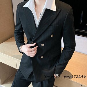 新品■スーツセット メンズ ダブルスーツ ストライプ柄 ビジネススーツ 上下セット シングルスーツ 二つボタン 紳士服 結婚式 ブラック 3XL