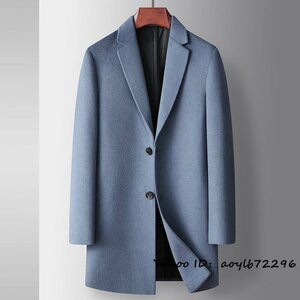 最高級 メンズコート 紳士 ロングコート 厚手 ウール カシミヤコート ダブルボタン ビジネスコート チェスターコート アウター ブルー XL