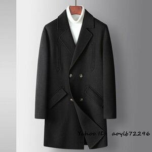 超希少 ビジネスコート メンズコート 紳士 ロングコート 厚手 ウール カシミヤコート ダブルボタン チェスターコート アウター ブラック3XL