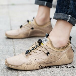  men's shoes new goods walking shoes cow leather leather shoes sneakers outdoor original leather Loafer slip-on shoes ventilation beige 24.5cm