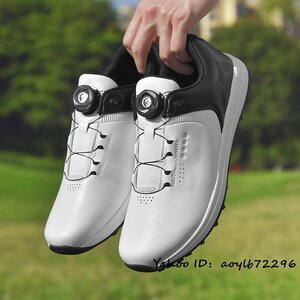 高級品 ゴルフシューズ 新品 ダイヤル式 運動靴 メンズ 幅広い フィット感 軽量 スポーツシューズ 防水 防滑 耐磨 弾力性 白*黒 24.5cm