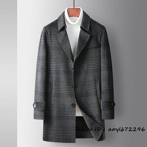 超美品*メンズコート チェック柄 ロングコート 紳士服 ビジネスコート 厚手ウール カシミヤコート チェスターコート アウター ブラウン S