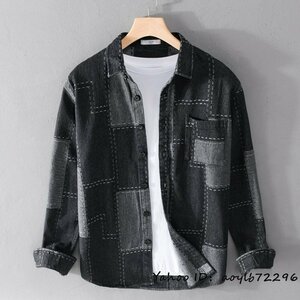 2XL ブラック メンズシャツ デニムシャツ 長袖シャツ チェック柄 薄手 春夏秋 新品 アウター ウォッシュ加工 お洒落 心地良し カジュアル