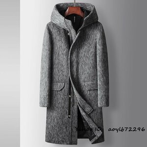 最高級*12万 ビジネスコート メンズコート ロングコート 紳士 ウールコート 防寒 フード付き 厚手 チェスターコート アウター グレー XL