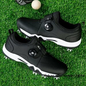 超美品 ゴルフシューズ 新品 ダイヤル式 スポーツシューズ 運動靴 メンズ 幅広い フィット感 軽量 防水 防滑 耐磨 弾力性 ブラック 25.5cm