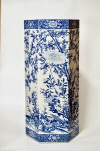  Kato . right ....... blue and white ceramics flowers and birds map hexagon pillar large vase Meiji Seto . river book@..