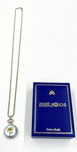 〈N740〉　ANDRE MOUCHE アンドレムッシュ　懐中時計　Swiss Made 青地花柄　電池切れ動作未確認　ホロテックターボ可動