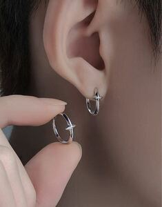 フープピアス 両耳 十字架 シルバー メンズ リング型 シンプル ユニセックス クロス シルバーアクセサリー 韓国 新品未使用