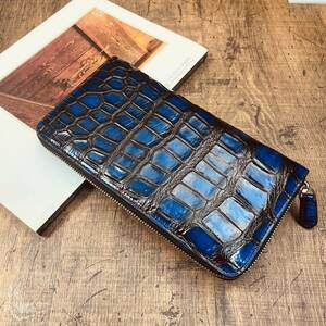 [ the truth thing photographing ] 180 times open one sheets leather crocodile long wallet round fastener new goods free shipping eyes ground dyeing men's purse leather purse Indigo color 