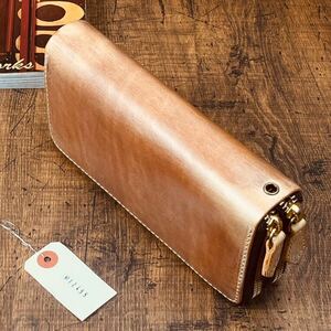  double fastener b ride ru leather men's long wallet purse round fastener new goods free shipping 1 jpy original leather oil Brown long wallet 