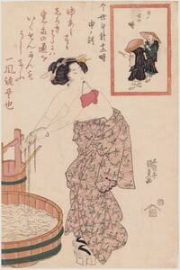Art hand Auction hana_desu15 Authentische Arbeit von Kunisada, Der Beutel mit Reiskleie, die zwölf Stunden des Jahres, die Stunde des Affen, aus der Bunsei-Zeit, echter Ukiyo-e Holzschnitt, großformatiges Nishiki-e, Porträt schöner Frauen, Komae, Kunisada Ukiyoe, Malerei, Ukiyo-e, Drucke, Portrait einer schönen Frau
