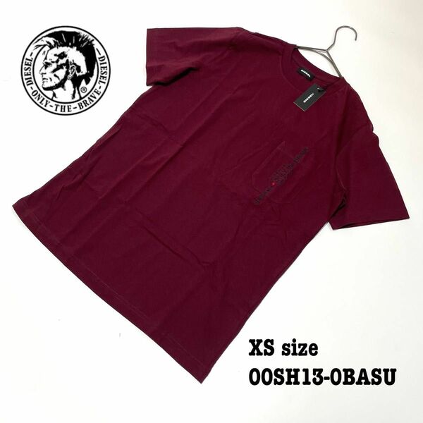 新品未使用 XSサイズ ディーゼル DIESEL Tシャツ 半袖 刺繍ロゴ 胸ポケット メンズ Uネック ワインレッド 赤
