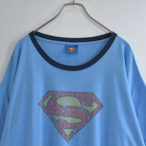 00s SUPERMAN スーパーマン ロゴ プリント リンガーTシャツ DCコミック ヴィンテージ 半袖 カットソー USA ア