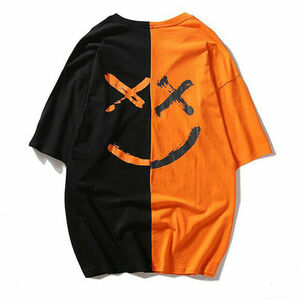 即納可能 スマイル Tシャツ 半袖 黒/橙 XL Size ストリート オーバーサイズ マシュメロ オルチャンファッション ブラック/オレンジ 未使用