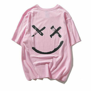 即納可能 スマイル Tシャツ 半袖 ピンク L サイズ/Size ストリート系 オーバーサイズ マシュメロ オルチャンファッション 男女兼用 未使用