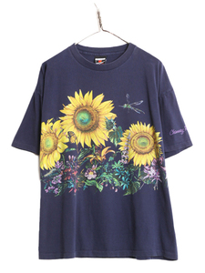 90s USA製 ひまわり アート イラスト 両面 プリント Tシャツ メンズ XL / 90年代 オールド 大きいサイズ 向日葵 フラワー グラフィック 紺