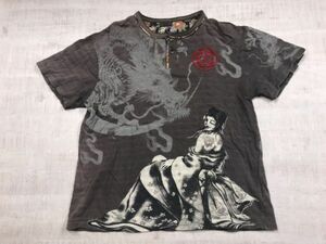 BULLET NOISE バレットノイズ 天女 昇り龍 オールド 和柄 総柄 半袖Tシャツ カットソー メンズ ヘンリーネック 刺繍 LL グレー