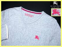 美品 バーバリーブラックレーベル ピンクホース刺繍 シャドーヘリンボーン総柄デザイン レイヤード Vネック カットソー サイズ M(2)_画像2