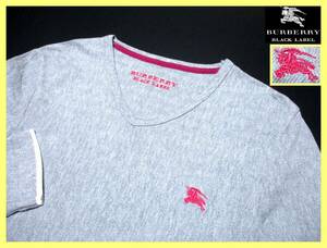 美品 バーバリーブラックレーベル ピンクホース刺繍 シャドーヘリンボーン総柄デザイン レイヤード Vネック カットソー サイズ M(2)