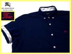 激レア特大サイズ LL(4) 美品 バーバリーブラックレーベル ホース刺繍 襟内・袖口裏ノバチェックデザイン 麻混紡 ボタンダウンシャツ