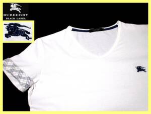 バーバリーブラックレーベル ネイビーホース刺繍 袖口裏ノバチェックデザイン VネックTシャツ サイズ M(2)