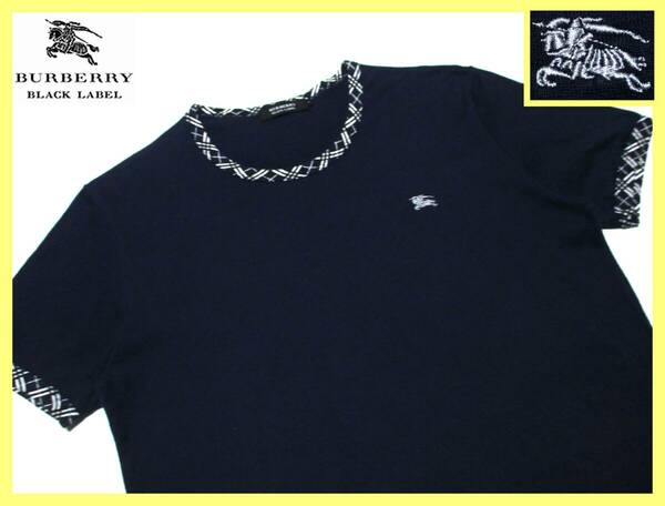 美品 バーバリーブラックレーベル BURBERRY BLACK LABEL シルバーホース刺繍 首周り・袖口ノバチェックデザイン Tシャツ 日本製 サイズM(2)