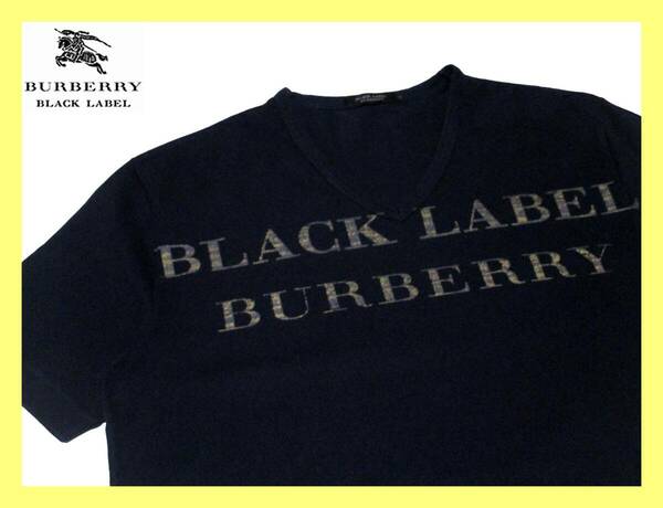 大人気サイズ L(3) 極美品 バーバリーブラックレーベル BURBERRY BLACK LABEL BIGロゴプリントデザイン Vネック 半袖カットソー 日本製 夏