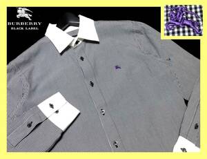 大人気サイズ L(40) 美品 バーバリーブラックレーベル パープルホース刺繍 襟・袖口ホワイト ギンガムチェック総柄デザイン シャツ