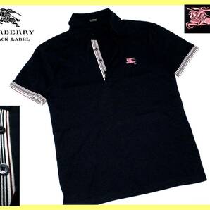 美品 バーバリーブラックレーベル BURBERRY BLACK LABEL BIGホース刺繍 前立て・袖口バーバリーストライプデザイン ポロシャツ サイズ M(2)