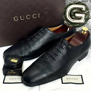 ☆美品☆GUCCI ホールカット ビジネスシューズ 8.5/27.5CM 黒 ブラック グッチ Gロゴ 革靴 シュリンクレザー シボ革 LEATHER SHOES BLACK