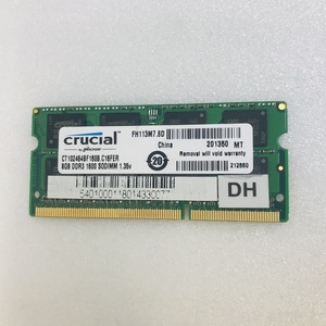 CRUCIAL 2rx8 PC3-12800S 8GB DDR3-1600 8GB DDR3ノートパソコン用メモリ 204ピン ECC無し LAPTOP RAM メモリ 中古動作確認済み