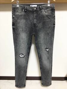 伸縮性強め 柔らか素材 ZARA MAN ストライプ ウルトラ ストレッチ スキニー 送料230円 44 34 ダメージ デニム メンズ パンツ ブラック 黒