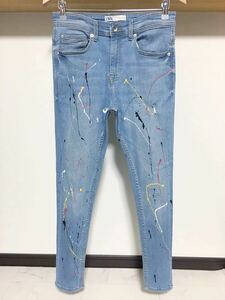 伸縮性抜群 春夏 ペイント ZARA MAN ウルトラ ストレッチ スキニー 送料230円 38 30 ダメージ メンズ デニム パンツ ジーンズ ブルー