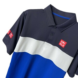 UNIQLO ユニクロ 2015 全仏オープン 錦織圭 着用モデル 半袖 ポロシャツ トップス メンズ L サイズ 青 白 紺 吸汗速乾 NKドライEX テニス