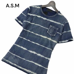 未使用★ A.S.M アトリエサブ メン 半袖 ボーダー ポケット インディゴ カットソー ポケTシャツ Sz.50　メンズ ネイビー　C4T04008_4#D