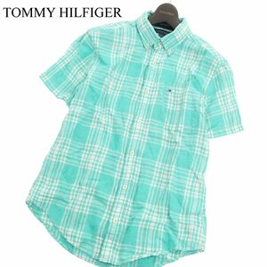 TOMMY HILFIGER トミーヒルフィガー 春夏 半袖 ロゴ刺繍★ 【麻 リネン100%】 ボタンダウン チェック シャツ Sz.M　メンズ　C4T04022_4#A