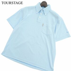 TOURSTAGE ツアーステージ 春夏 半袖 ロゴ刺繍★ ボタンダウン ボーダー ポロシャツ Sz.M　メンズ ゴルフ 水色　C4T04043_4#A