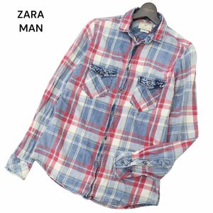 ZARA MAN ザラ マン 通年 長袖 SLIM FIT デニム切替★ ワーク チェック シャツ Sz.S　メンズ　C4T04238_5#C