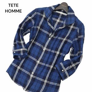 TETE HOMME テットオム 春夏 7分袖 【麻 リネン】 チェック シャツ Sz.5　メンズ ネイビー 日本製　C4T04400_5#A