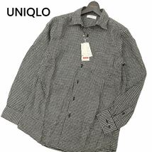 未使用★ UNIQLO ユニクロ 春夏 長袖 プレミアムリネン★ 麻100% チェック シャツ Sz.M　メンズ 黒　C4T04347_5#A_画像1