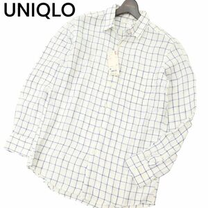 【新品 未使用】 UNIQLO ユニクロ 春夏 長袖 プレミアムリネン★ 麻100% チェック シャツ Sz.M　メンズ 白　C4T04339_5#A