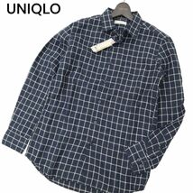 【新品 未使用】 UNIQLO ユニクロ 春夏 長袖 プレミアムリネン★ 麻100% チェック シャツ Sz.M　メンズ ネイビー　C4T04337_5#A_画像1