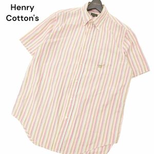 Henry Cotton's ヘンリーコットンズ 半袖 ロゴ刺繍★ ボタンダウン ロング丈 ストライプ シャツ Sz.41　メンズ 大きいサイズ　C4T04334_5#A